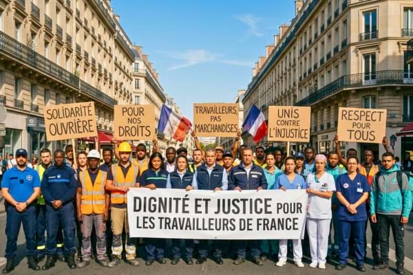 a diverse crowd of everyday workers in modern France, standing together in solidarity on a city street