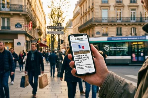 smartphone displaying a news article about the year 2026, held by a person on a busy French street