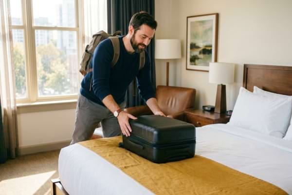 un voyageur posant d&eacute;licatement une valise cabine noire &agrave; roulettes sur un chemin de lit