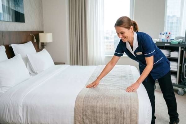 d'une femme de chambre souriante en uniforme soign&eacute;, lissant de ses mains un chemin de lit 