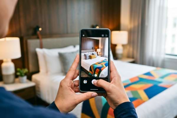 un lit d'h&ocirc;tel design avec un chemin de lit aux motifs g&eacute;om&eacute;triques tr&egrave;s color&eacute;s