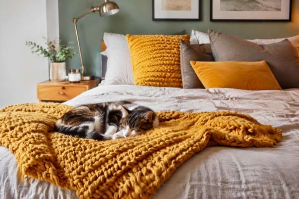 Un magnifique jet&eacute; de lit en grosse maille moutarde est pos&eacute; au pied du lit, avec des coussins assortis.