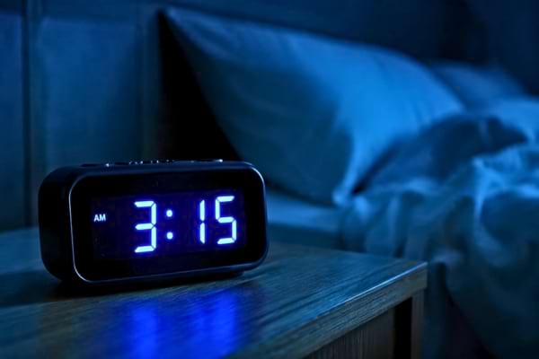 un r&eacute;veil digital affichant 3:15 AM pos&eacute; sur une table de nuit en bois