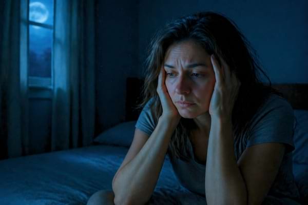 Femme de 35 ans assise dans son lit dans l'obscurit&eacute;, tenant sa t&ecirc;te dans ses mains