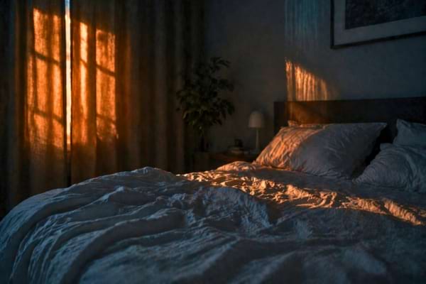 hambre &agrave; coucher moderne plong&eacute;e dans la p&eacute;nombre, un l&eacute;ger rayon de lampadaire orange passe &agrave; travers