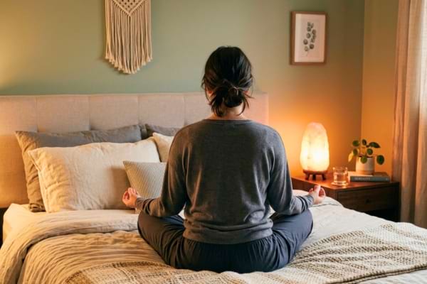 Une personne de dos, assise en tailleur sur son lit en train de faire des exercices de respiration,