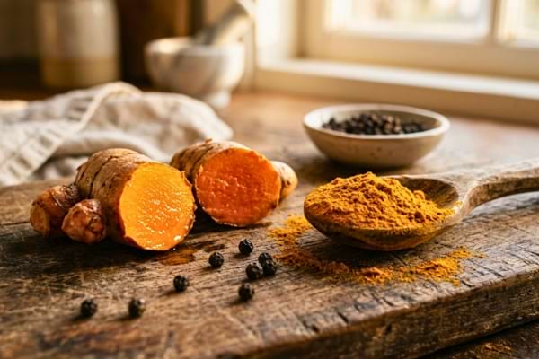 une racine de curcuma coup&eacute;e en deux r&eacute;v&eacute;lant un orange vibrant, &agrave; c&ocirc;t&eacute; d'une cuill&egrave;re en bois