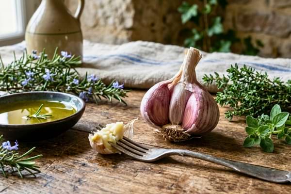 une t&ecirc;te d'ail enti&egrave;re et une gousse &eacute;cras&eacute;e au premier plan, huile d'olive vierge qui brille,