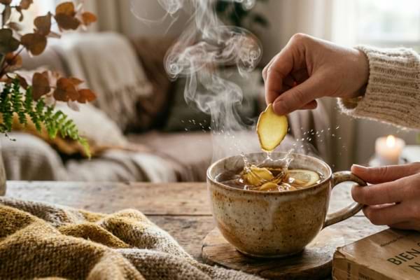 Tranches de gingembre frais tombant dans une tasse de th&eacute; fumante