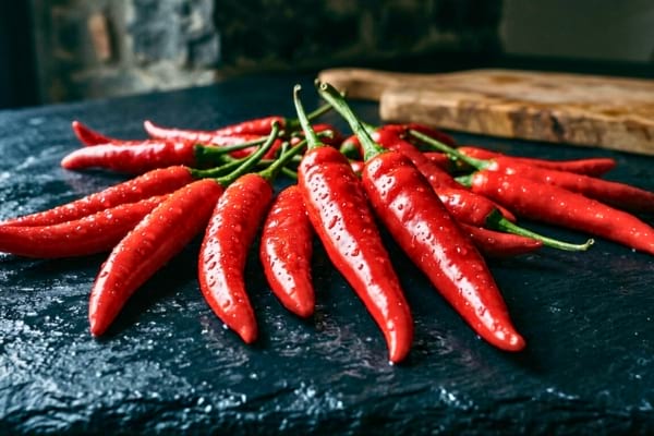 Piments de Cayenne d'un rouge &eacute;clatant dispos&eacute;s sur un plan de travail 