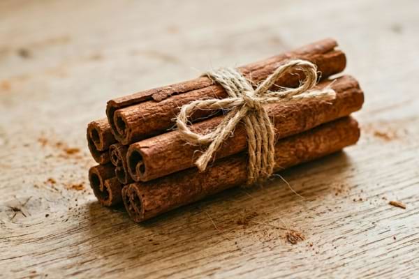 B&acirc;tons de cannelle li&eacute;s par une ficelle de lin sur un fond de bois clair