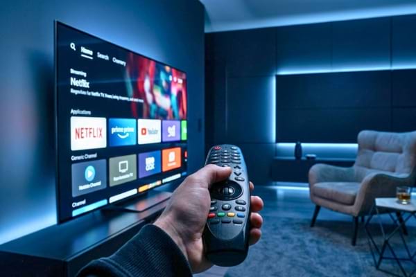 Une personne tenant une t&eacute;l&eacute;commande moderne point&eacute;e vers un &eacute;cran plat ultra fin.