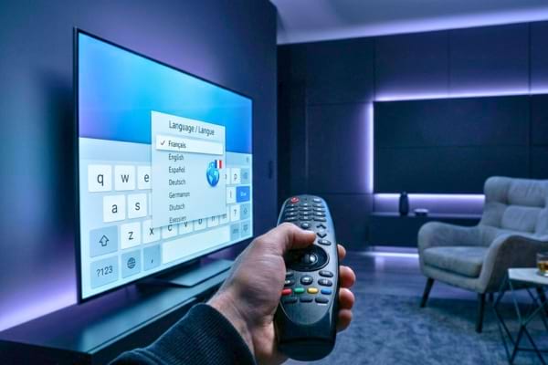 Un clavier virtuel affich&eacute; sur un &eacute;cran de t&eacute;l&eacute;vision lumineux