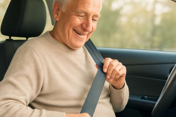 un homme qui met sa ceinture de s&eacute;curit&eacute;. il a l'air content