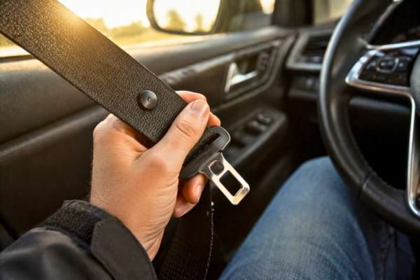 A driver's hand effortlessly grabbing the metal buckle of a seatbelt inside a bright modern car.