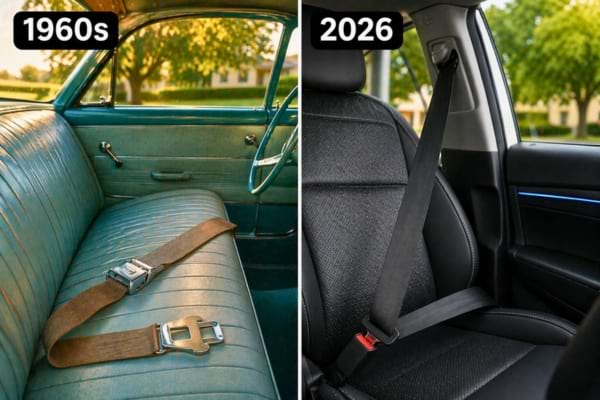 Vintage 1960s car interior showing an early simple seatbelt design compared to a modern 2026 seatbelt