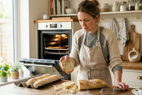 une personne dans une cuisine lumineuse, regardant avec d&eacute;ception une tranche de baguette molle et d&eacute;tremp&eacute;e sortant du four.