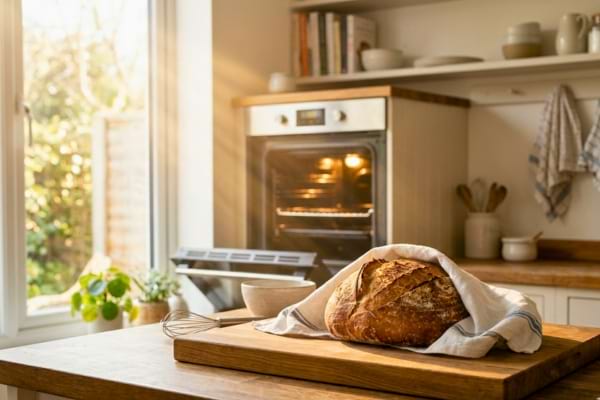 Superbe miche de pain de campagne rustique pos&eacute;e sur une planche en bois massif,