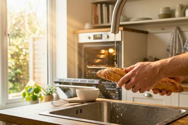 mains passant tr&egrave;s l&eacute;g&egrave;rement une cro&ucirc;te de baguette sous un fin filet d'eau