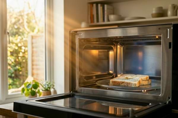 Un four &agrave; micro-ondes ouvert montrant une tranche de pain d'apparence caoutchouteuse 