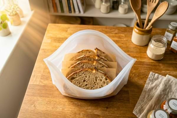 tranches r&eacute;guli&egrave;res de pain au levain, s&eacute;par&eacute;es par de petits carr&eacute;s de papier cuisson