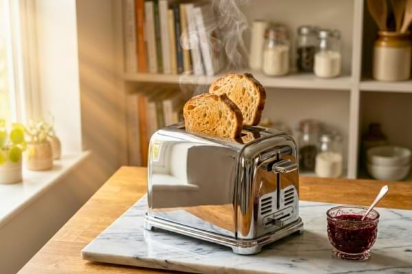 pain dor&eacute;es et fumantes sautant d'un grille-pain vintage chrom&eacute;