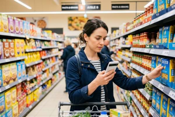 a focused person comparing prices on their smartphone while standing in a modern