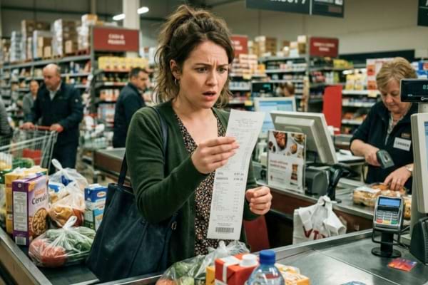a frustrated and surprised customer looking at an expensive grocery bill 
