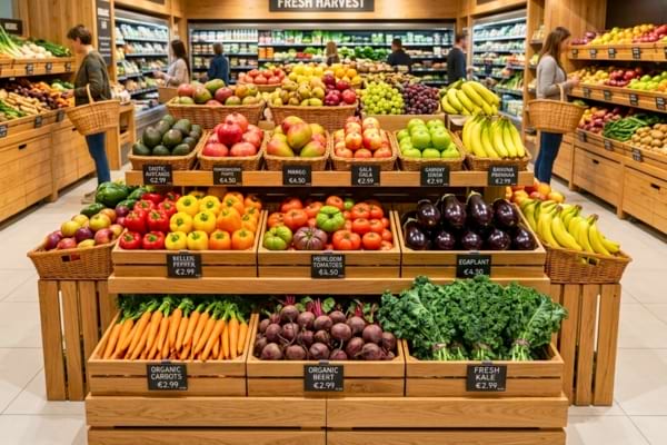 a fresh produce section in a premium supermarket, showcasing colorful fruits and vegetables