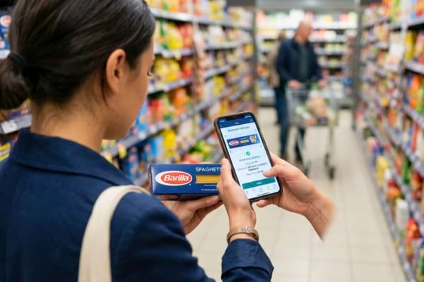 a person using a smartphone app to scan a product barcode in a grocery store aisle