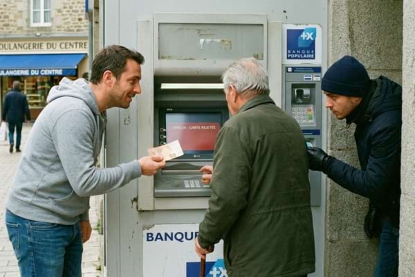 an elderly person at an outdoor ATM. The person is looking in confusion at a stuck ATM screen