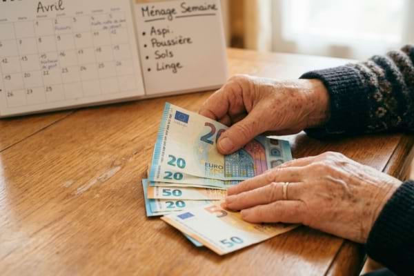 une main de personne âgée comptant des billets de 20 et 50 euros sur une table de salon.