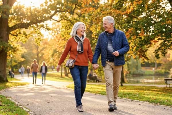 Un couple de 70 ans dynamique et souriant marchant d'un pas vif dans un parc ensoleillé