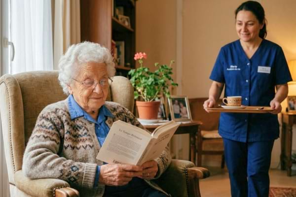 une femme de 85 ans assise dans un fauteuil confortable, lisant un livre, tandis qu'une auxiliaire de vie lui apporte une tasse de thé