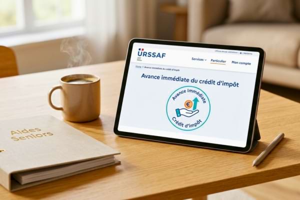 Une tablette numérique posée sur une table, affichant le site internet officiel de l'URSSAF avec le logo 'Avance immédiate du crédit d'impôt
