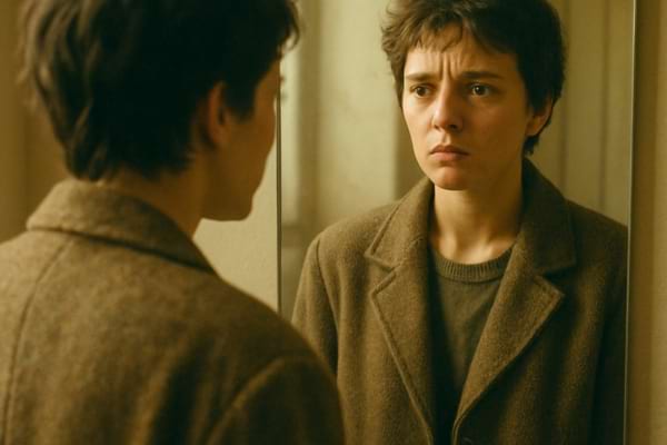 une personne se regardant dans un miroir avec une expression de confusion et de l&eacute;ger malaise