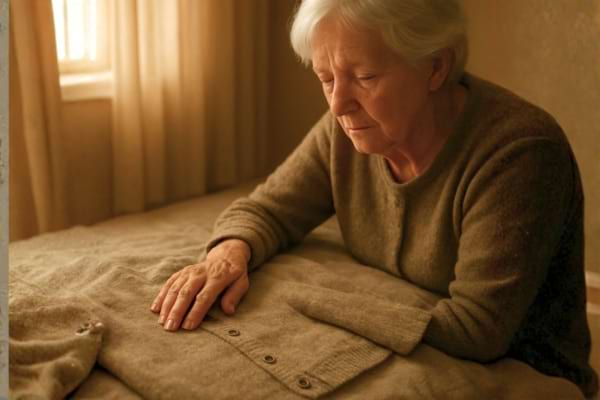 une personne touchant doucement un vieux pull en laine pos&eacute; sur un lit