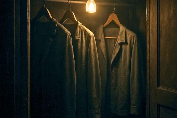 n placard sombre &agrave; moiti&eacute; ouvert avec des v&ecirc;tements suspendus sur des cintres en bois