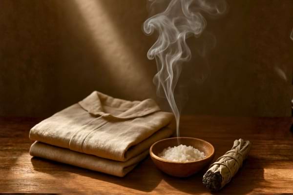 un rituel de purification avec un v&ecirc;tement soigneusement pli&eacute;, un bol de gros sel marin, et de la fum&eacute;e de sauge