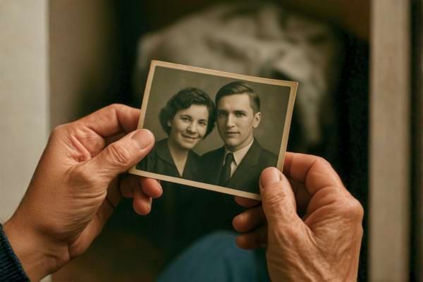 Deux mains tenant fermement une vieille photographie en noir et blanc,