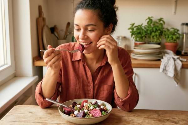 Une femme qui mange de la salade de betterave
