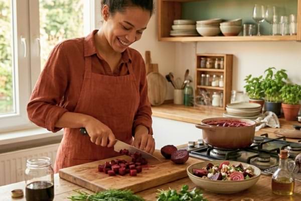 Une femme qui cuisine de la betterave