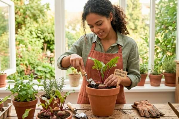 Une femme qui fait pousser de la betterave en pot