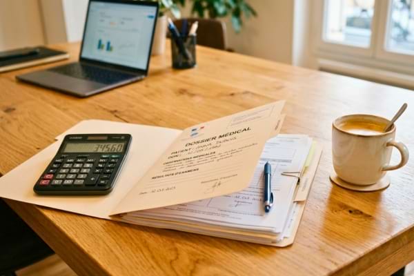 Un dossier m&eacute;dical pos&eacute; &agrave; c&ocirc;t&eacute; d'une calculatrice et d'une tasse de caf&eacute;