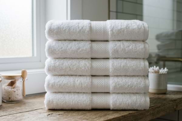 Pile de serviettes de bain parfaitement pli&eacute;es et align&eacute;es sur une &eacute;tag&egrave;re en bois 