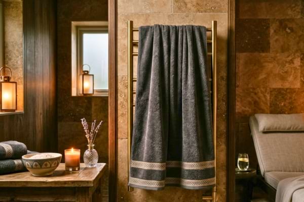 une &eacute;paisse serviette de bain &eacute;l&eacute;gante avec des bordures g&eacute;om&eacute;triques suspendue &agrave; un s&egrave;che-serviette