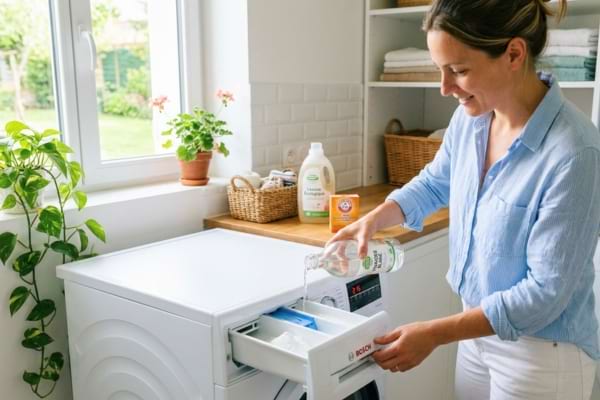 Une personne verse du vinaigre blanc et du bicarbonate de soude dans le tiroir d'une machine &agrave; laver