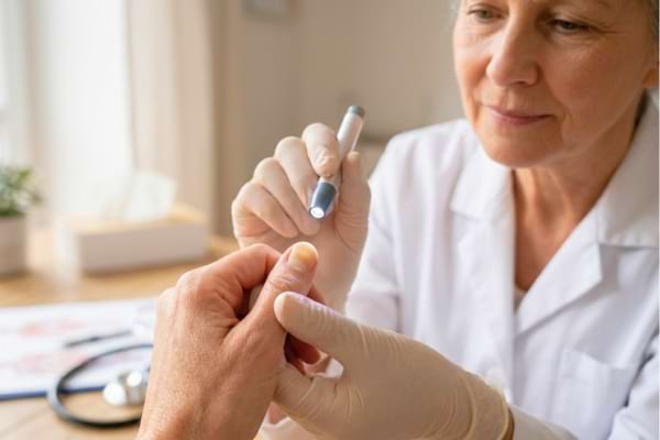 une main examin&eacute;e par un m&eacute;decin en blouse blanche &agrave; l'aide d'une petite lampe m&eacute;dicale