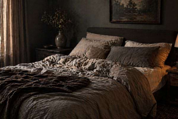 une chambre sombre lit d&eacute;fait