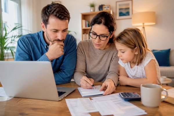 une famille &agrave; la maison, assise autour de la table du salon avec un ordinateur portable et un carnet de comptes